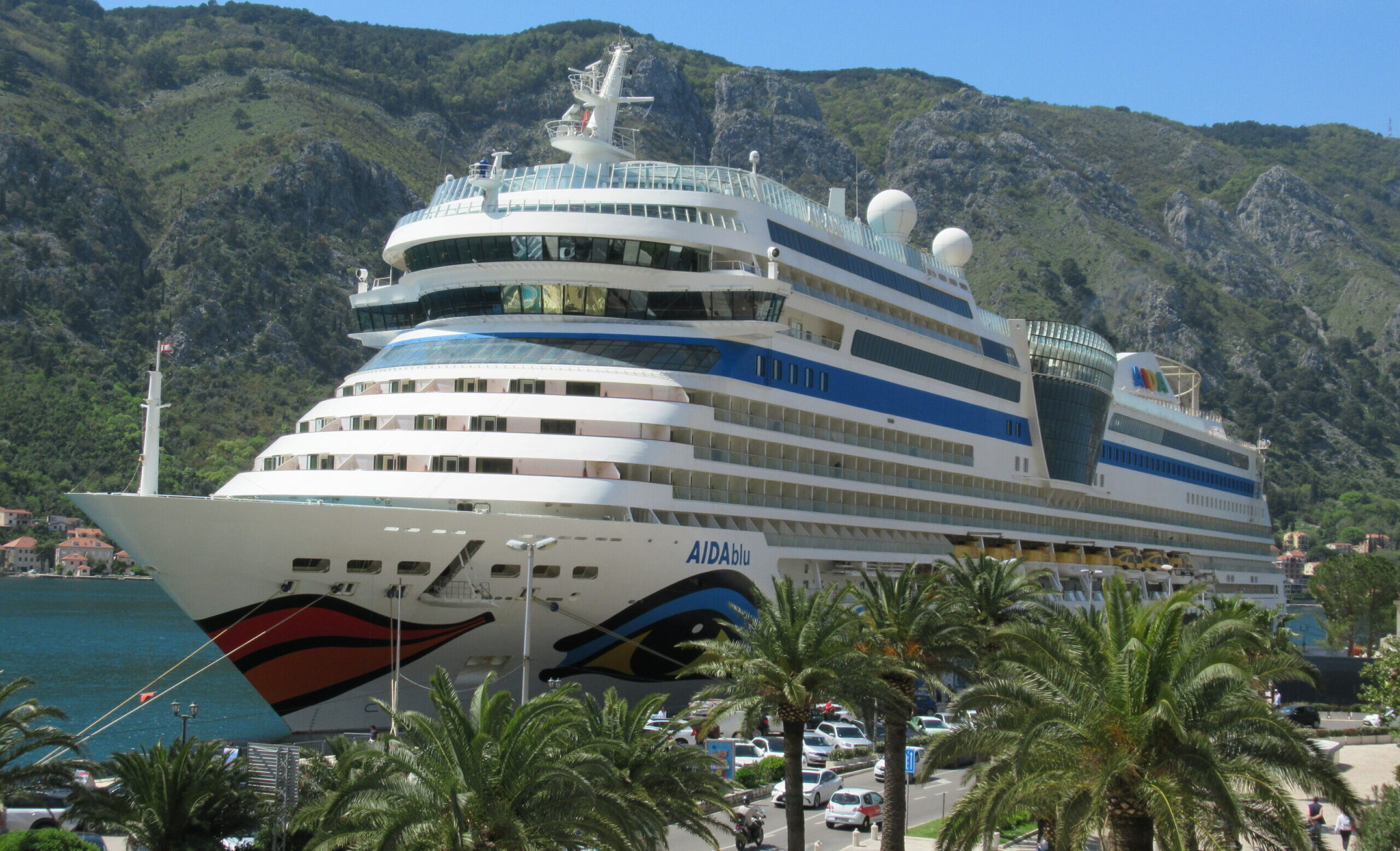 Aida Schiff im Hafen mit Palmen davor