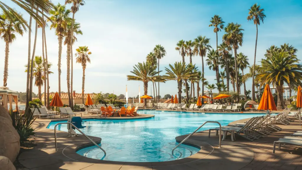 Poolbereich mit orangenen Schirmen und vielen Liegestühlen