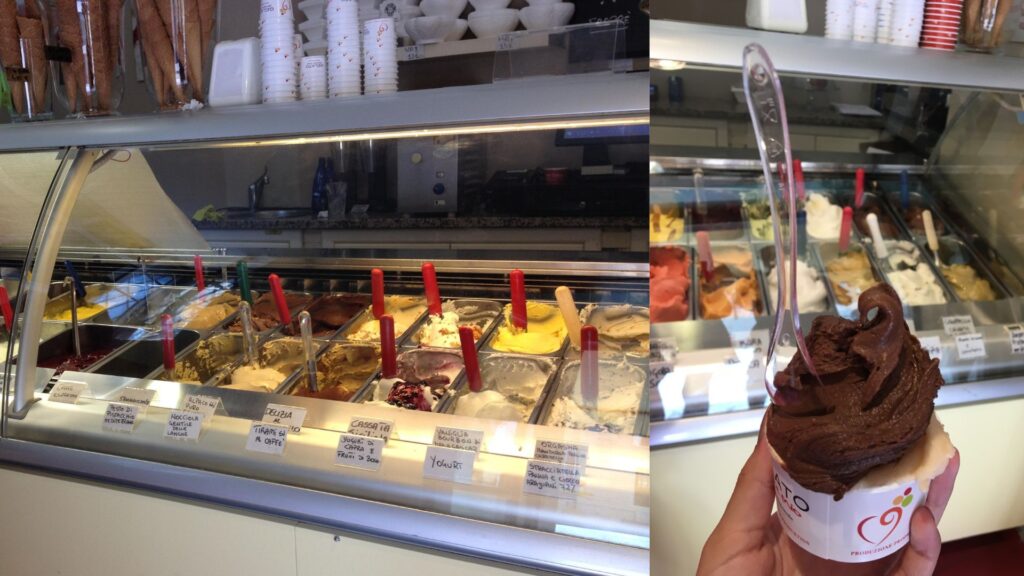 leckeres Eis im Becher, daneben eine Auswahl an verschiedenen Sorten